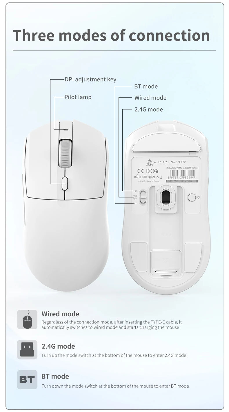 AJ139-V2-MC Tri-mode Wired/2.4GHz /BT Wireless Gaming Mouse with Dock PAW3311 Gaming Chipset 12000DPI Max